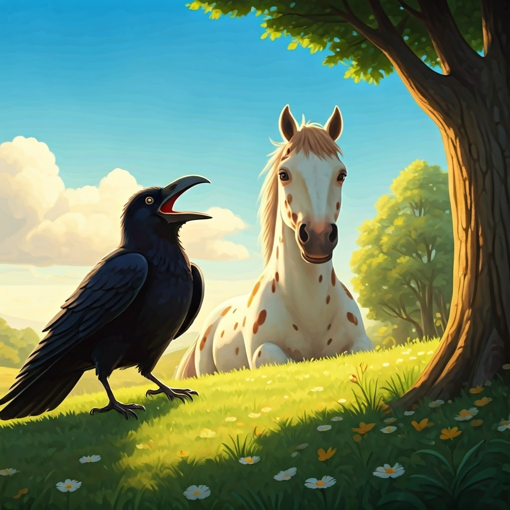 A crow and a spotted horse laughing together in the sunshine