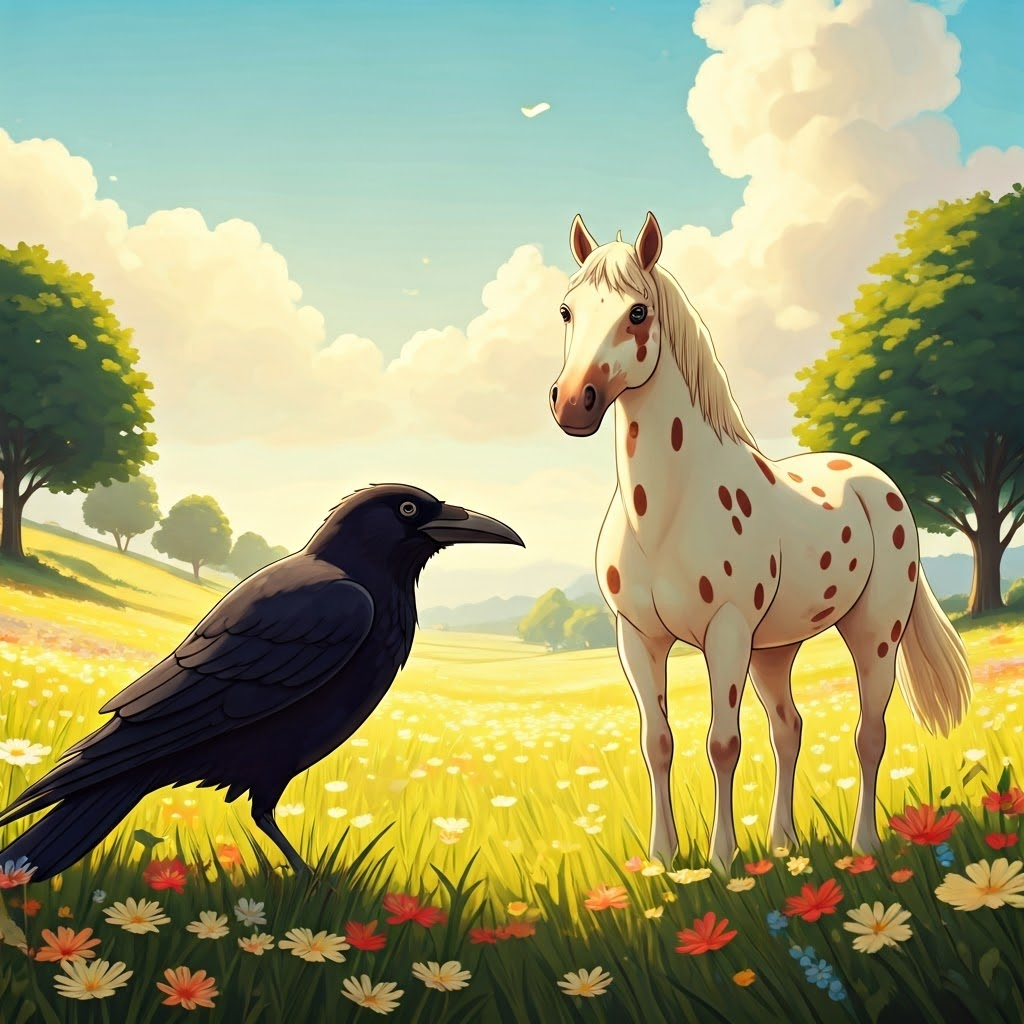A crow and a spotted horse standing together in a field of flowers on a farm