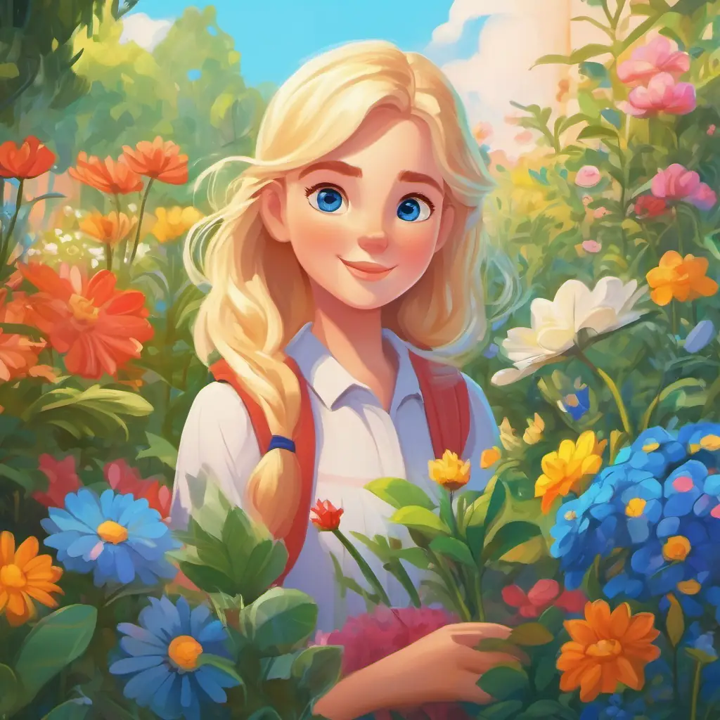 Inclusive blonde girl, blue eyes explores a colorful garden and meets diverse friends.