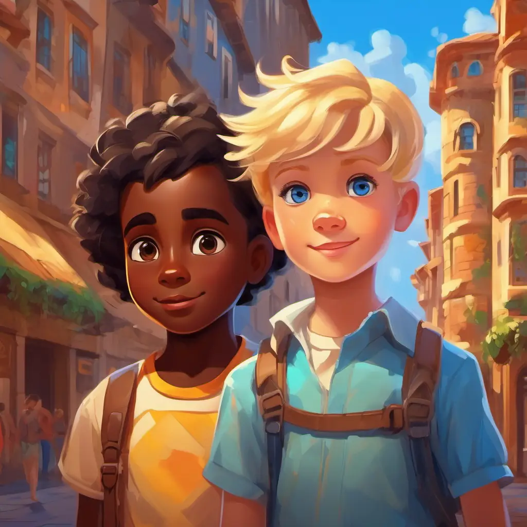 Creative boy with dark skin, brown eyes impresses Inclusive blonde girl, blue eyes with his building and creative skills.