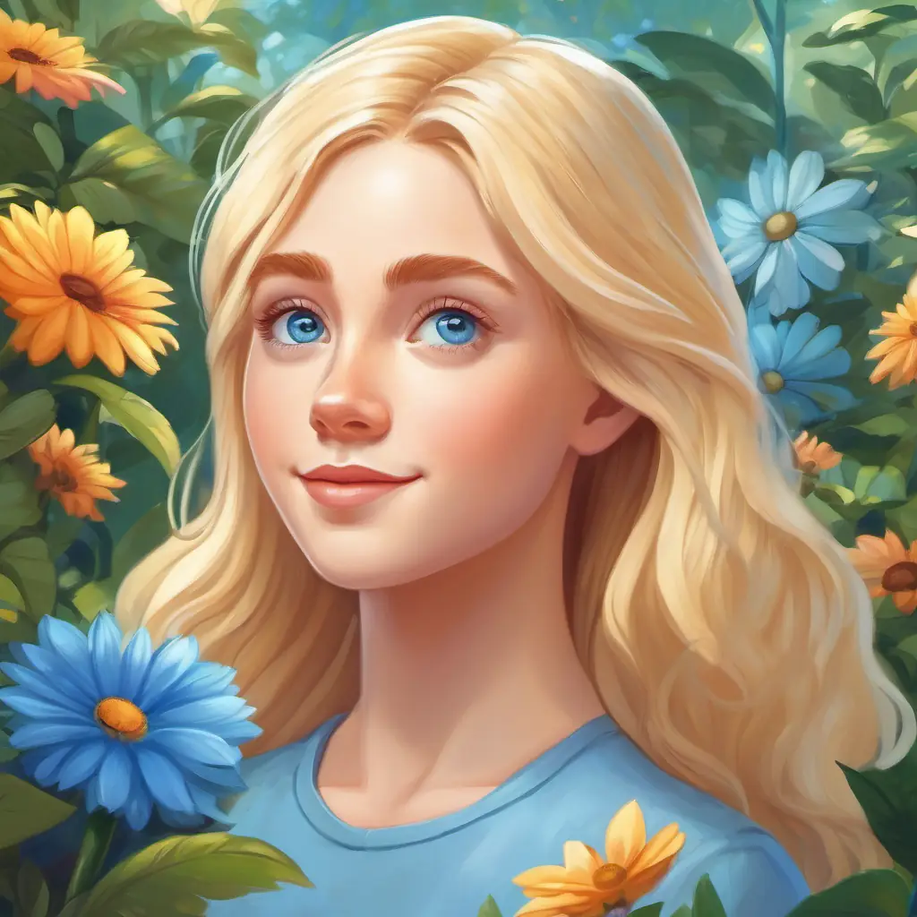 Inclusive blonde girl, blue eyes understands the beauty of diversity in the garden.