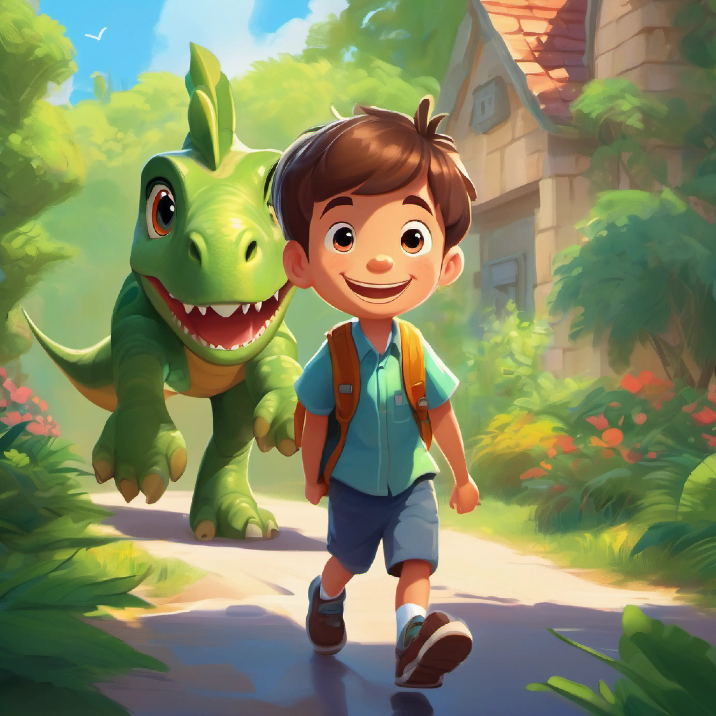 Walking to school, Energetic boy, short brown hair, blue eyes, smiley feeling anxious, Large green dinosaur, kind eyes, always smiling reassuring him