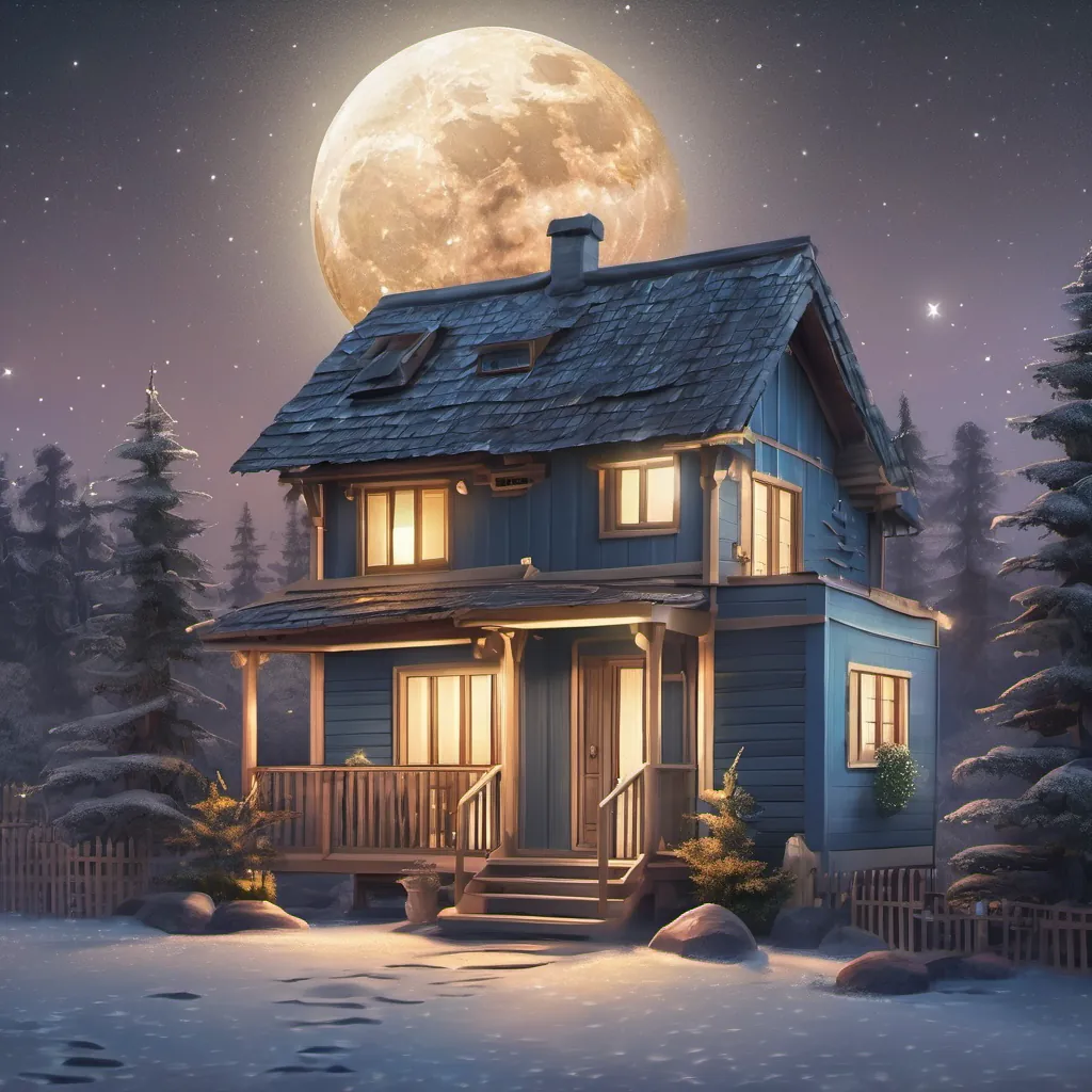 A bright moon in the night sky over a small house with a light breeze.