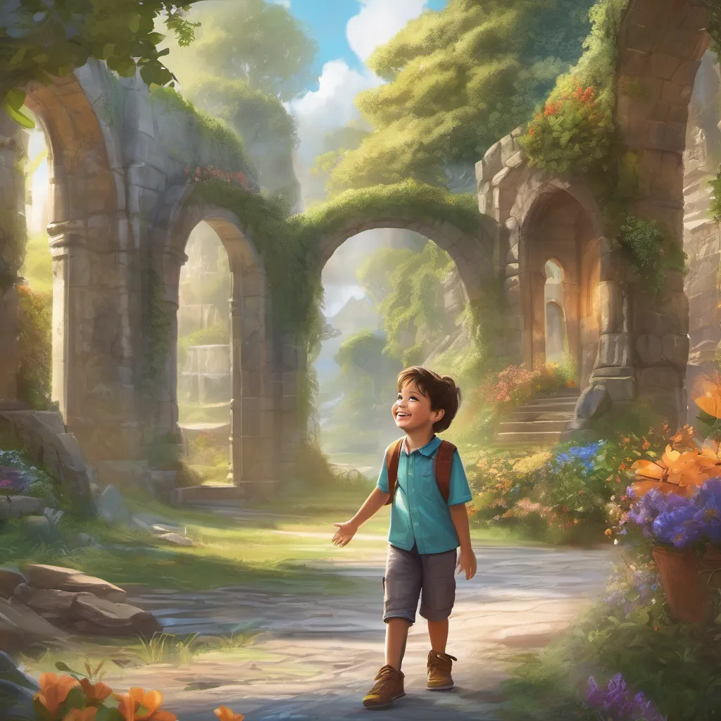 A young boy smiling and waving goodbye with a magical background.