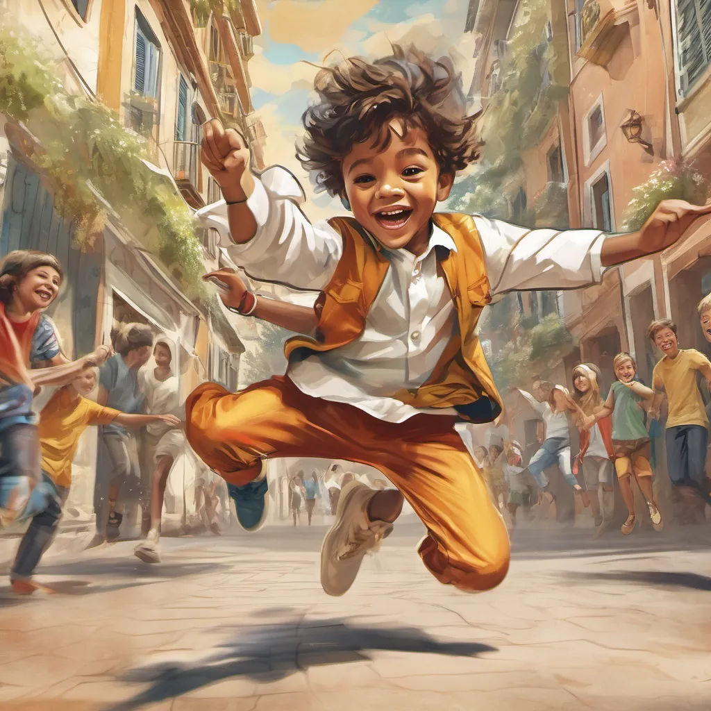 A young boy dancing and jumping happily.