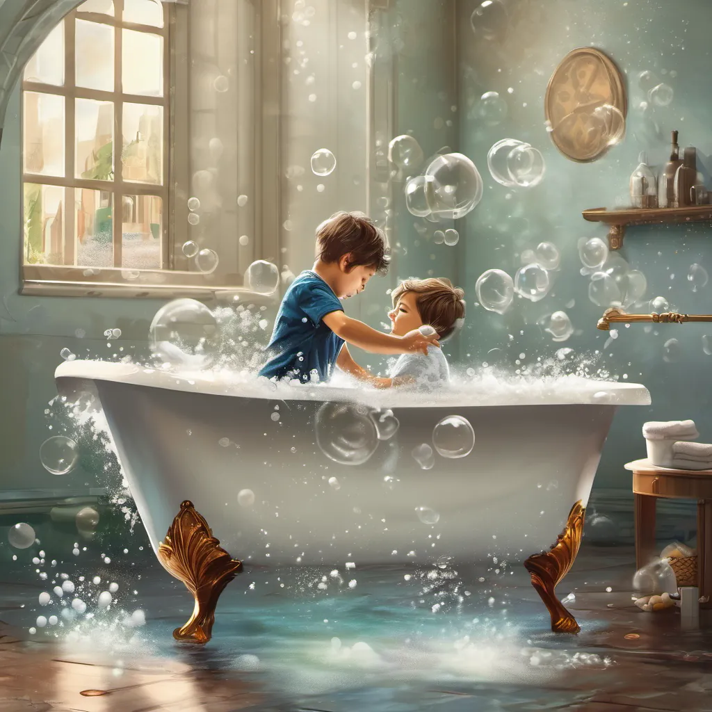 A young boy playing in the bathtub with water and bubbles.