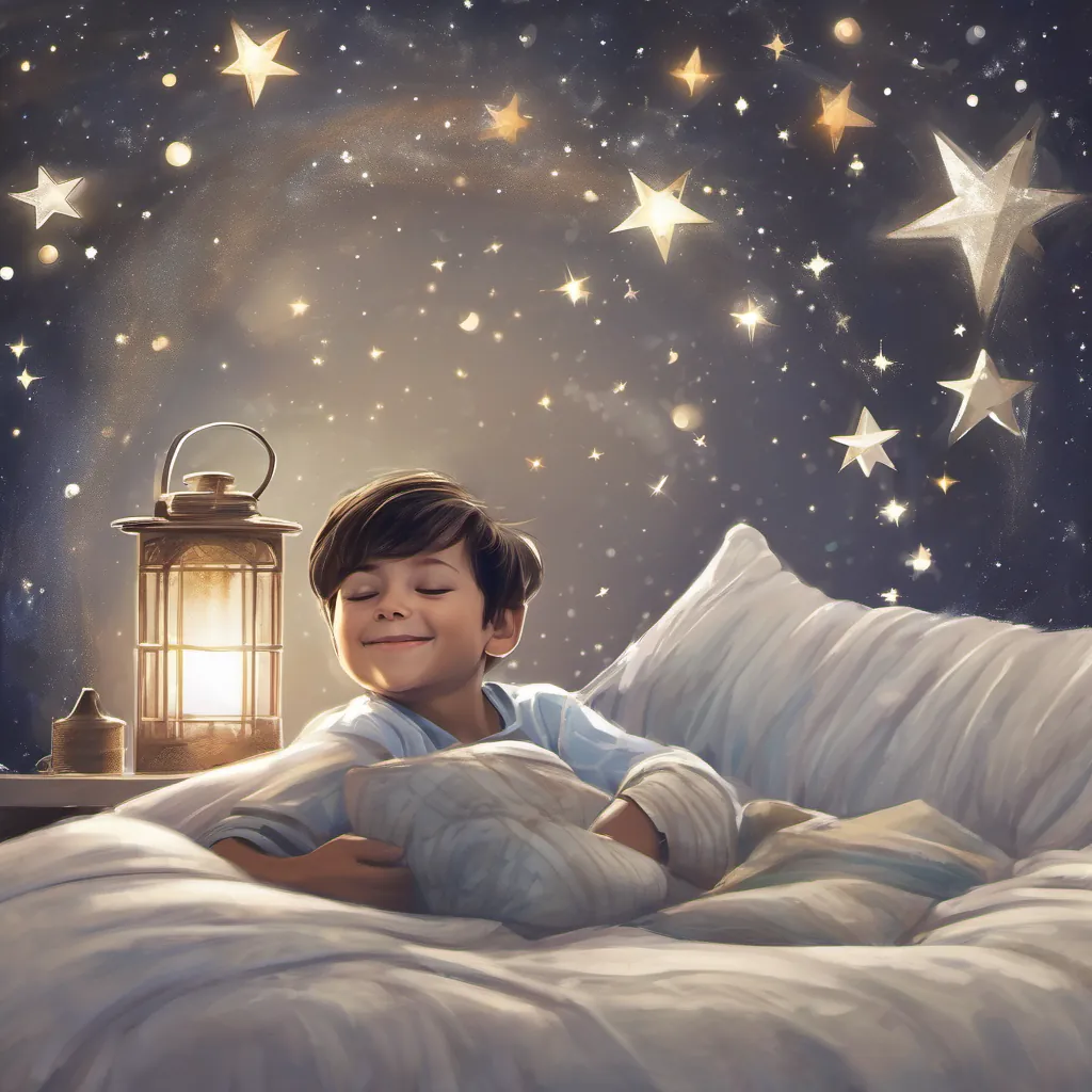 A young boy sleeping under the stars with a smile on his face.