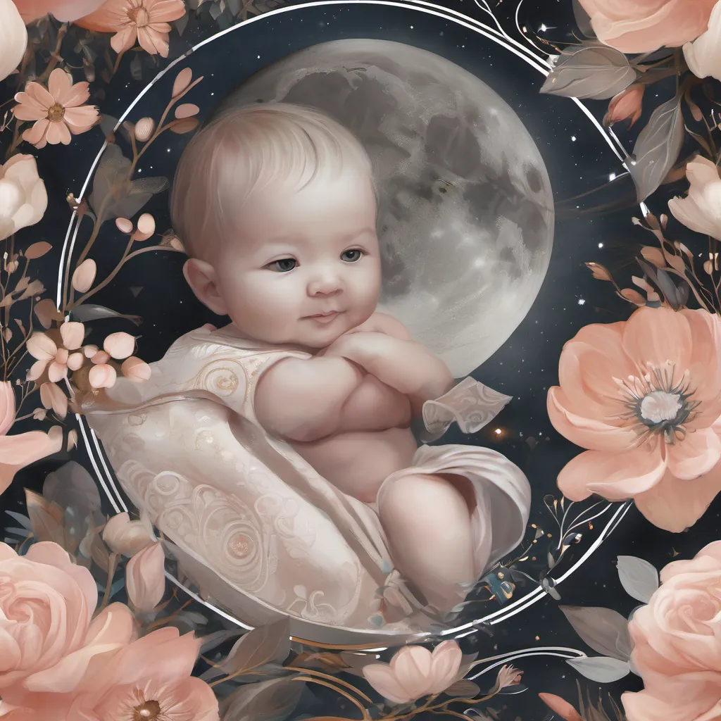 A close-up of a baby with moon and night and rosy flowers..