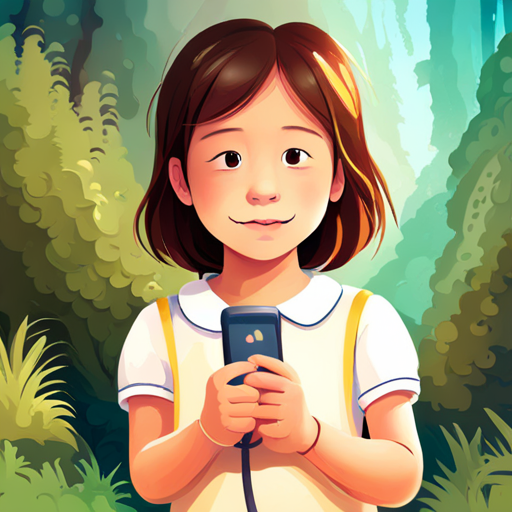 A little girl with brown hair and a happy smile. finding a magical phone with magical powers