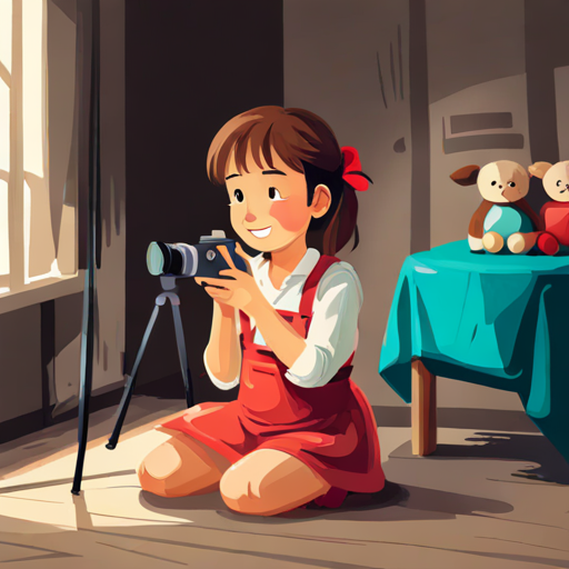 A little girl with brown hair and a happy smile. taking photos of her family, friends, and toys