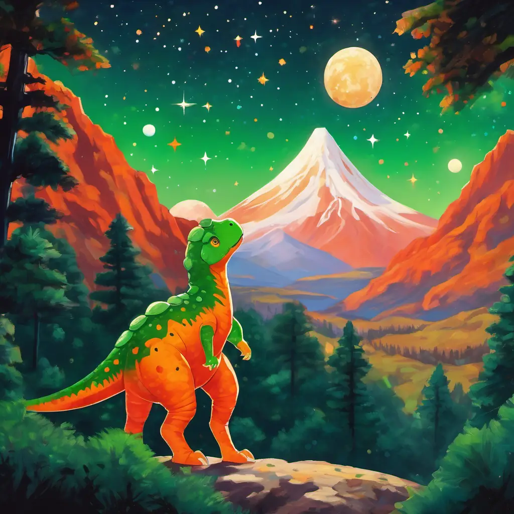 Green dinosaur with orange spots, wearing a red space suit, a green dinosaur with orange spots, wearing a red space suit, looking up at the starry sky surrounded by trees and mountains.