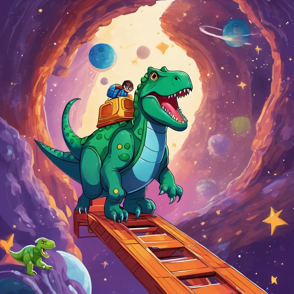 Green dinosaur with orange spots, wearing a red space suit and Blue dinosaur with yellow horns, wearing a blue space suit in their space suits, climbing up the ladder into the spaceship made of dinosaur bones, while Purple dinosaur with a spiky back, wearing glasses and a lab coat waves them goodbye. The spaceship is surrounded by stars and planets.