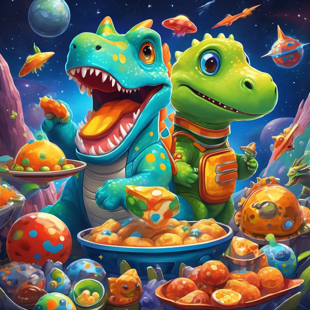 Green dinosaur with orange spots, wearing a red space suit and Blue dinosaur with yellow horns, wearing a blue space suit surrounded by colorful and friendly alien creatures with big eyes, fluffy fur, and sparkly scales. They are playing games and eating snacks in a vibrant and lively alien spaceship.