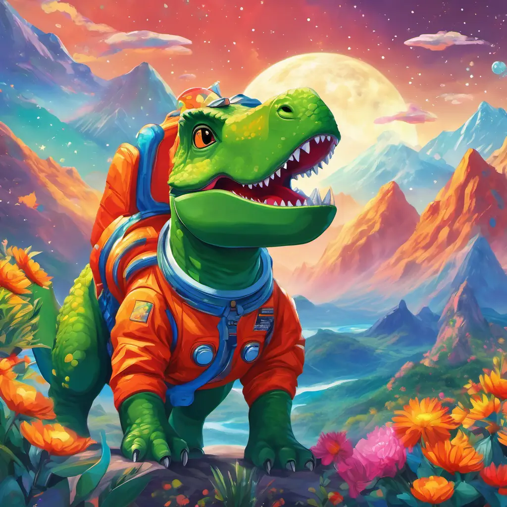 Green dinosaur with orange spots, wearing a red space suit and Blue dinosaur with yellow horns, wearing a blue space suit holding a chunk of sparkling stardust with awe and excitement, surrounded by a breathtaking landscape of colorful flowers and majestic mountains on the mysterious planet.