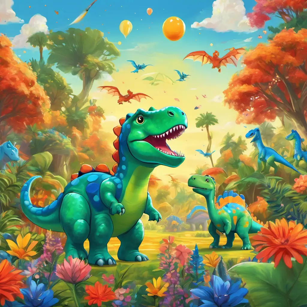 Green dinosaur with orange spots, wearing a red space suit and Blue dinosaur with yellow horns, wearing a blue space suit standing triumphantly in front of a crowd of happy dinosaurs, surrounded by colorful flowers and trees in their dinosaur land.