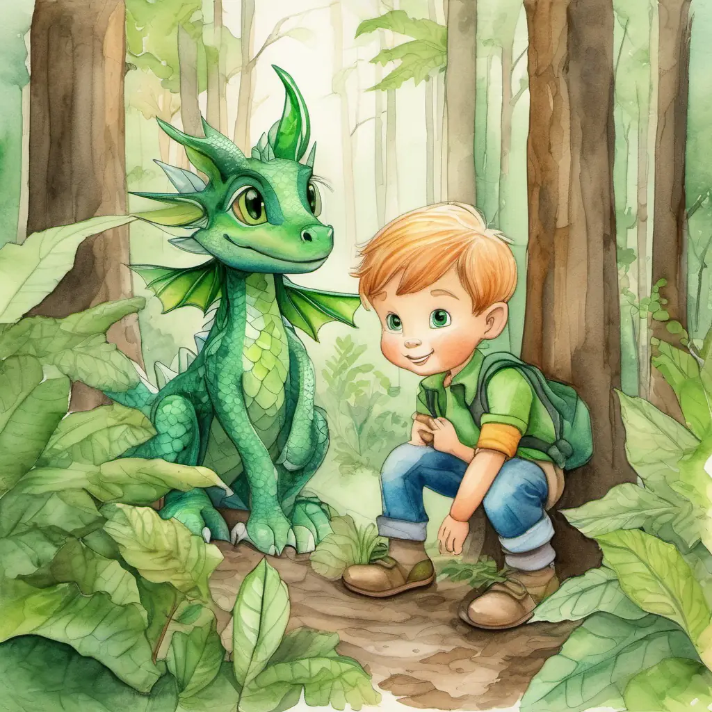 Jack is a curious boy who loves exploring the forest walks through the forest and finds a baby dragon with green eyes and shiny scales hiding behind a bush.