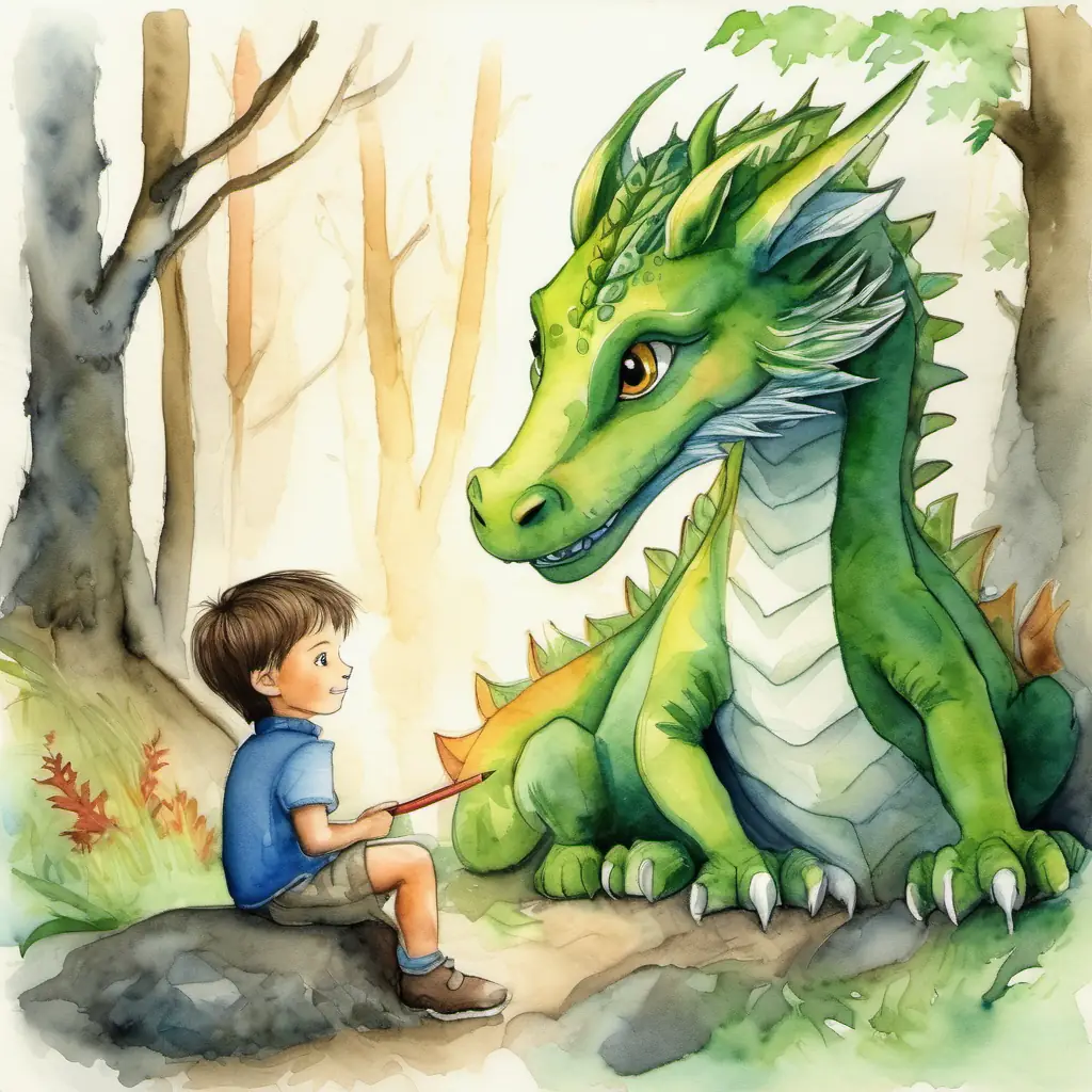 Jack is a curious boy who loves exploring the forest sits next to the dragon and strokes its back. The dragon purrs like a kitten.