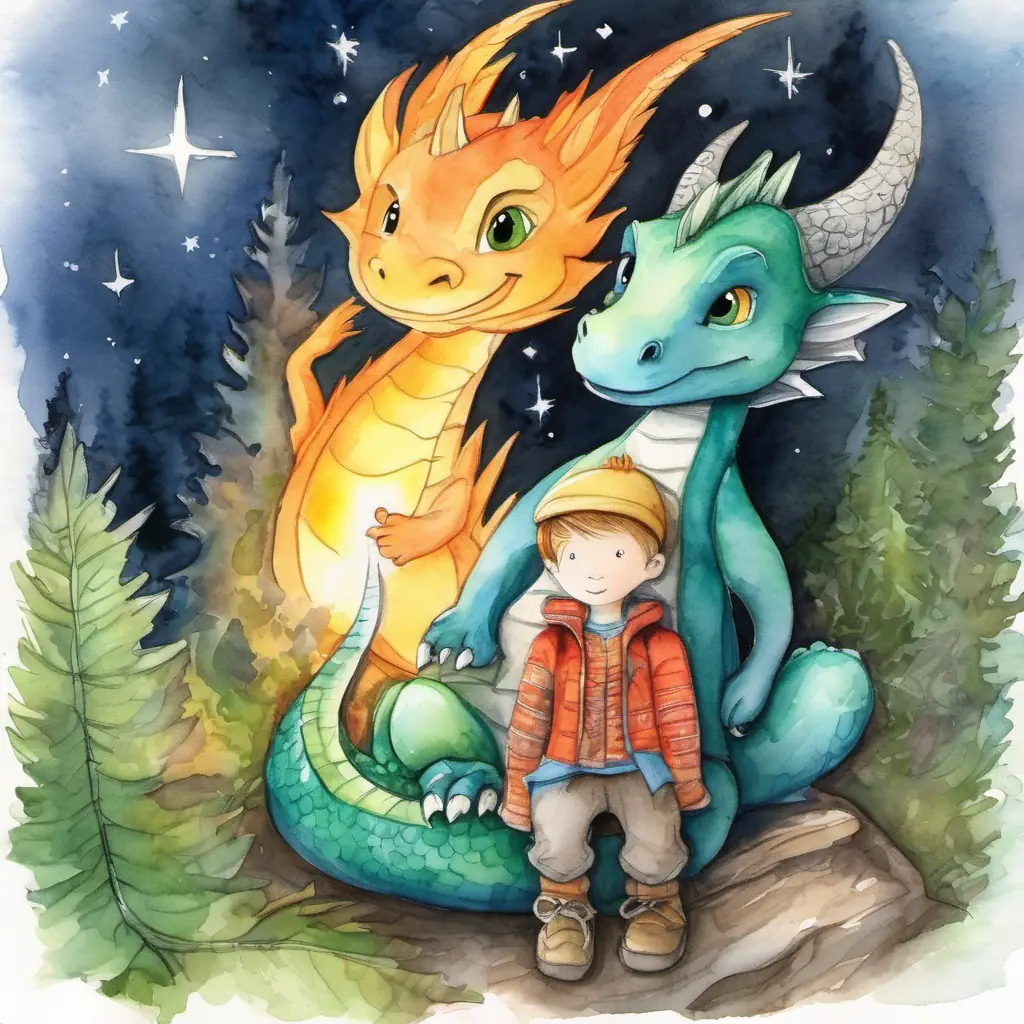 Jack is a curious boy who loves exploring the forest and the dragon cuddle under the stars. The dragon breathes warm fire to keep Jack is a curious boy who loves exploring the forest cozy and safe.