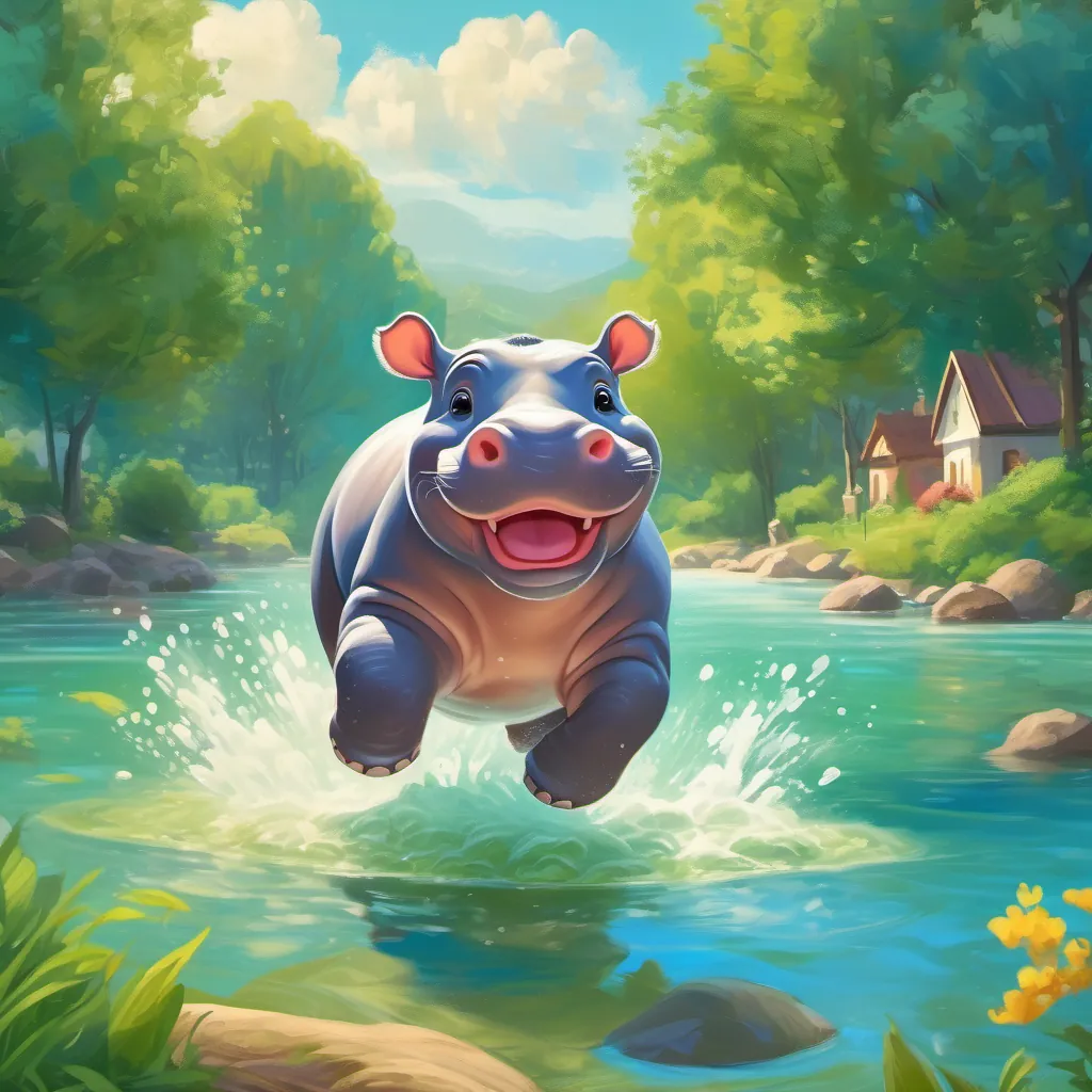 A cheerful baby hippo splashing in a bright blue river under a sunny sky, with green trees and a picturesque village in the background.
