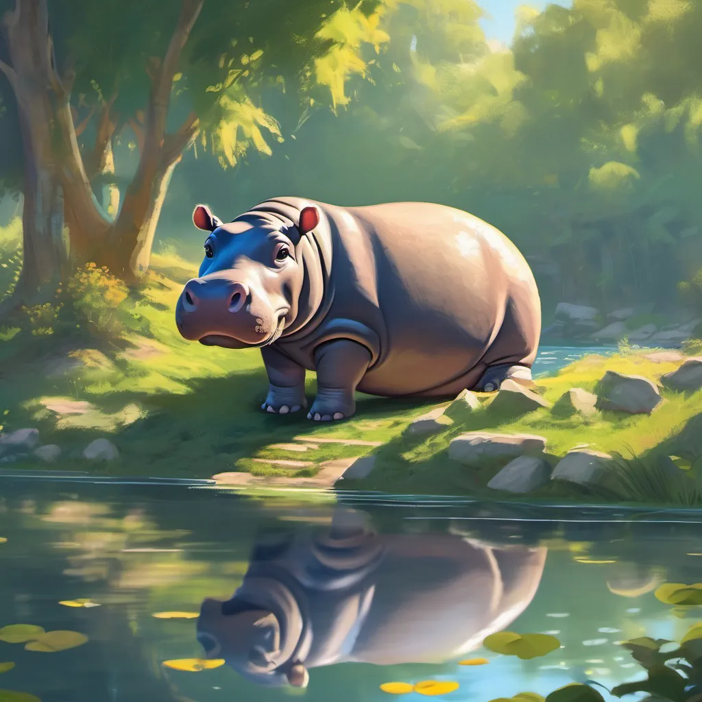 A baby hippo looking puzzled, standing near a quiet, still river. The sunny morning is bright, and the surrounding environment is peaceful.