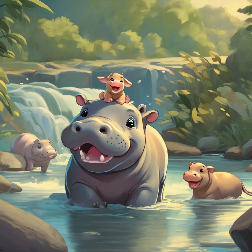 Animals gathered around the baby hippo, cheering and celebrating. A cheerful baby hippo with a curious expression, often seen near a river stands proudly, with the river flowing happily in the background.