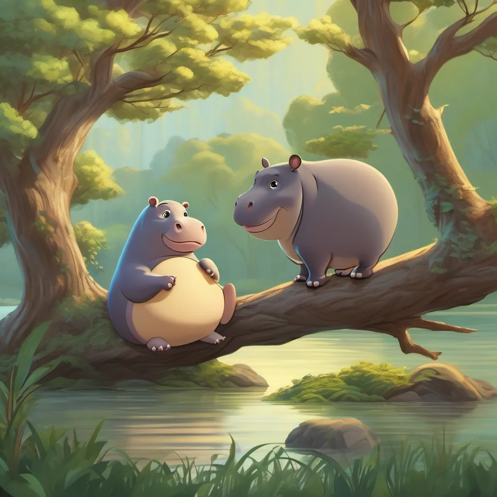 A baby hippo conversing with a wise, brown owl perched on a tree branch. The background shows a calm river and lush greenery.