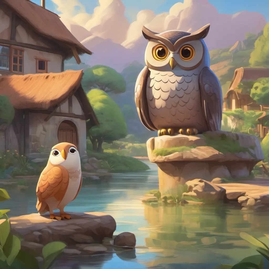 The owl speaks with a focused expression while the baby hippo listens intently, surrounded by the serene village.