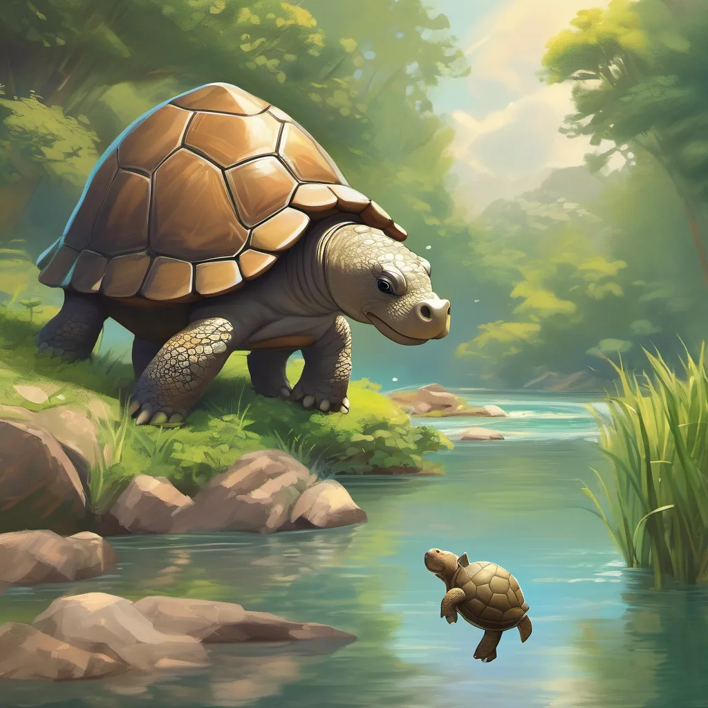 A talkative turtle with a playful expression points upstream while a baby hippo listens, with the quiet river in the backdrop.