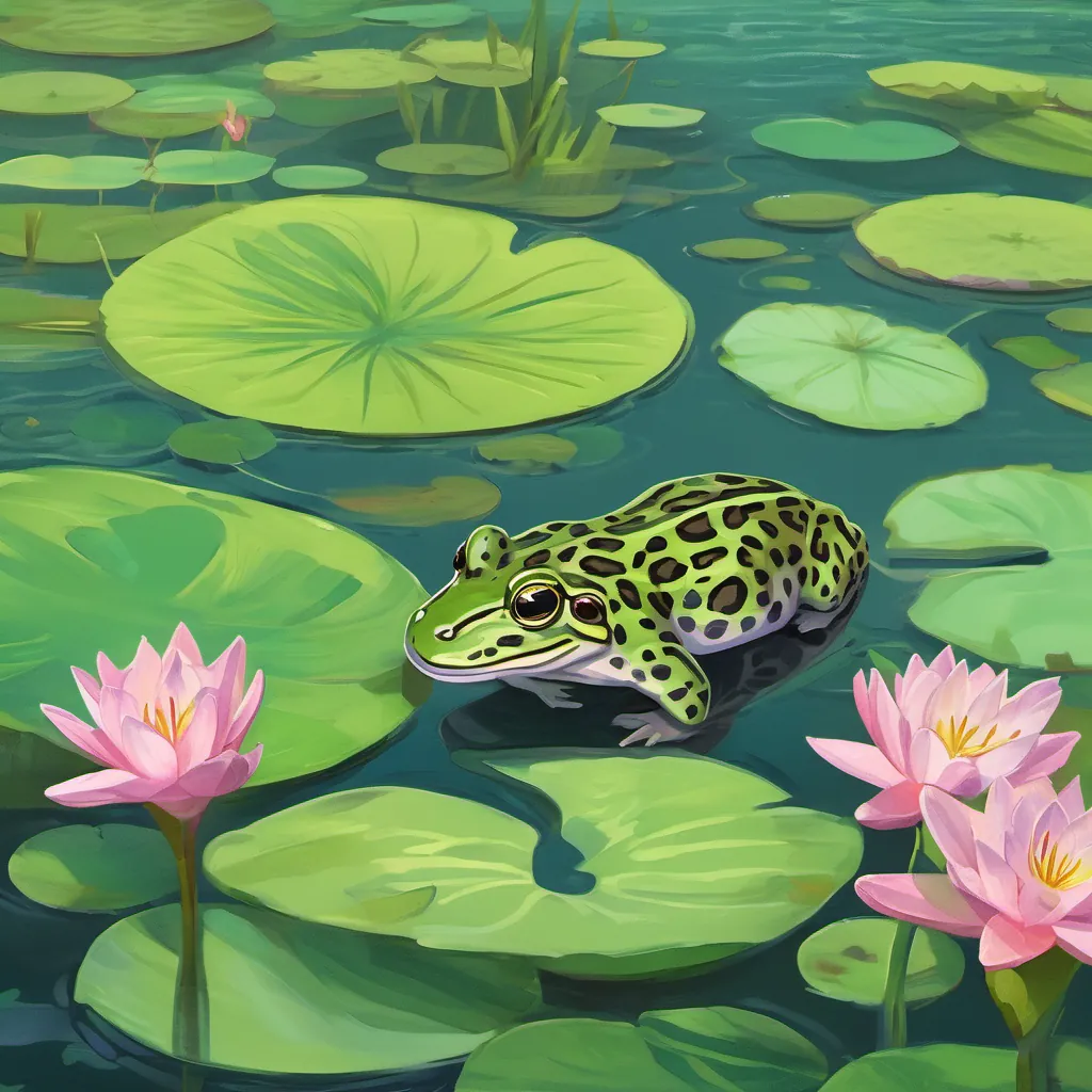 A green leopard frog sits on a lily pad in the river, communicating with a curious baby hippo. The surrounding water has lily pads and tall reeds.