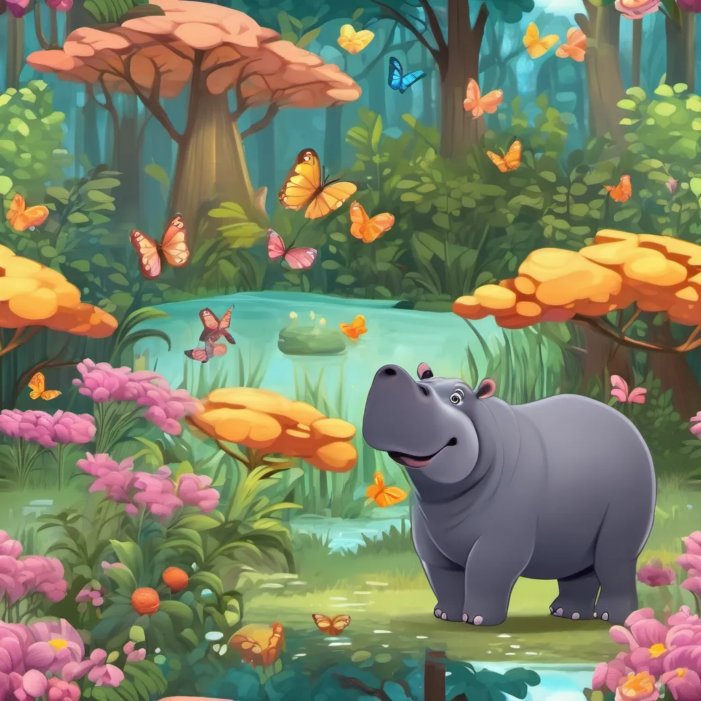 An enchanted forest scene with glowing flowers, tall trees, buzzing bees, and colorful butterflies. The baby hippo is cautiously exploring.