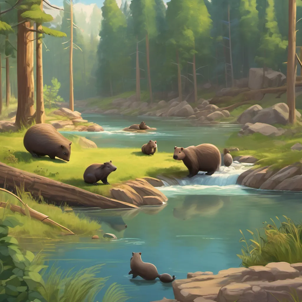 A sturdy beaver dam blocking the river, with friendly beavers and the baby hippo nearby. The landscape is forested, with the river's end visible.