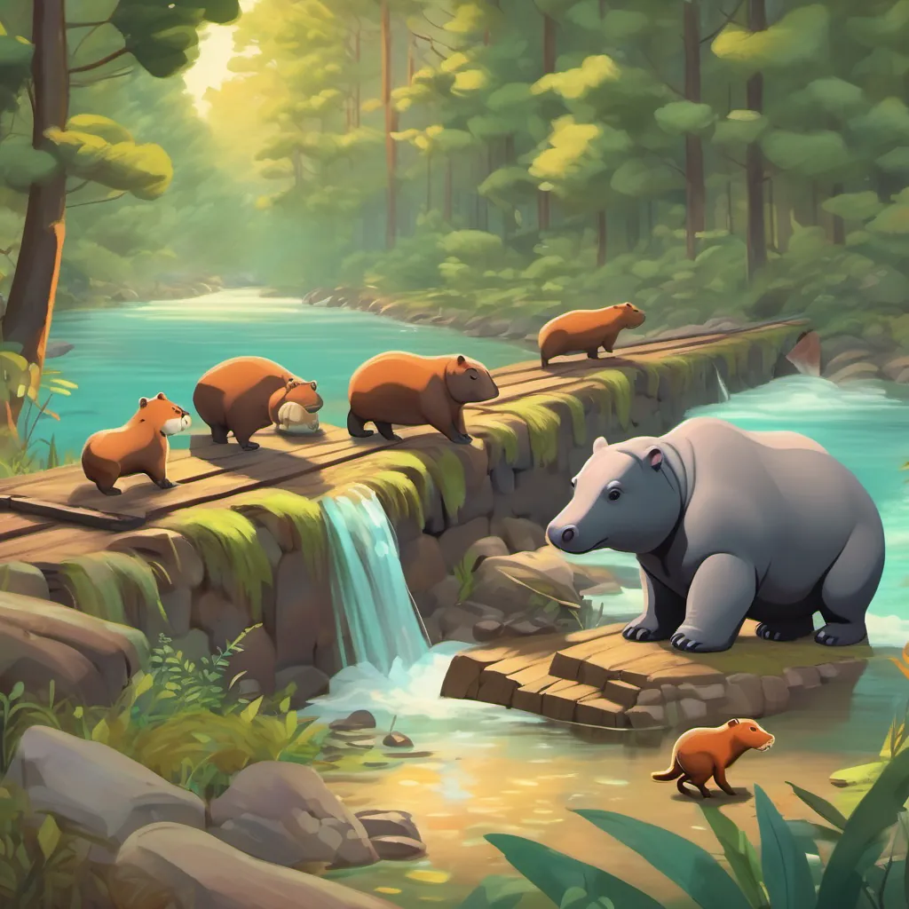 A scene of teamwork with beavers, a baby hippo, and other forest animals working together to dismantle the dam and clear the river.