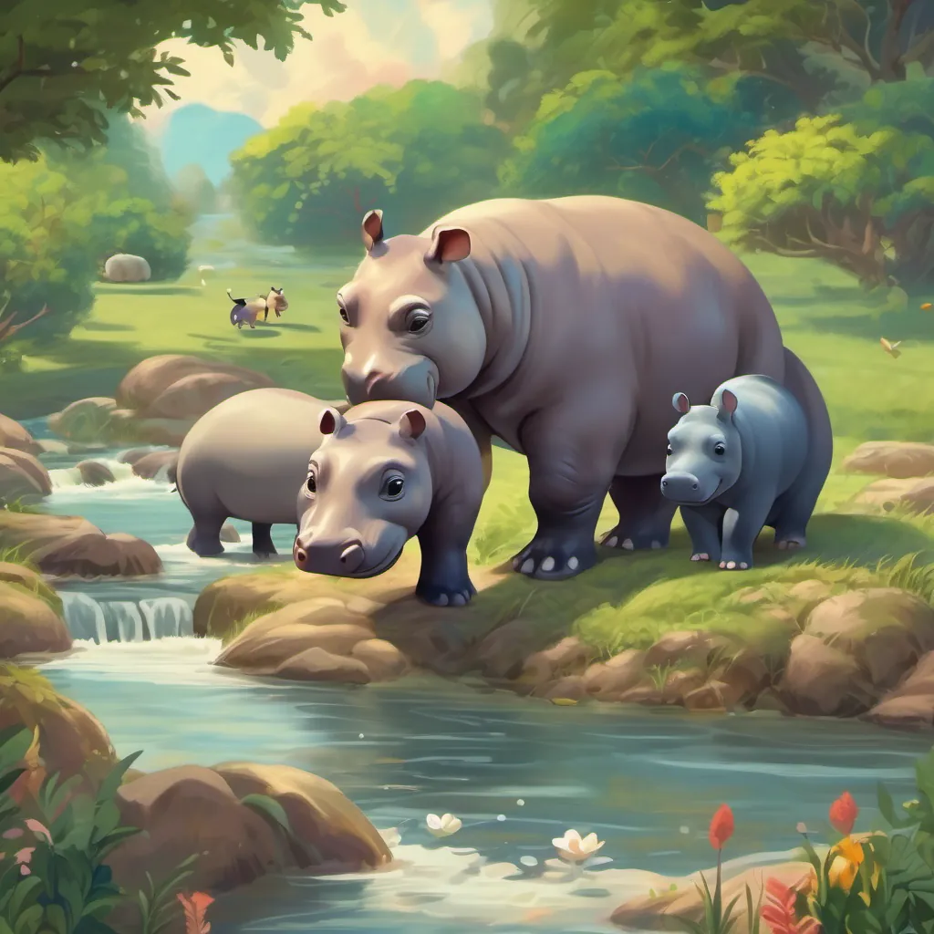 The river flowing freely again, with the village animals rejoicing. The scene is full of vibrant life, with the baby hippo smiling brightly.