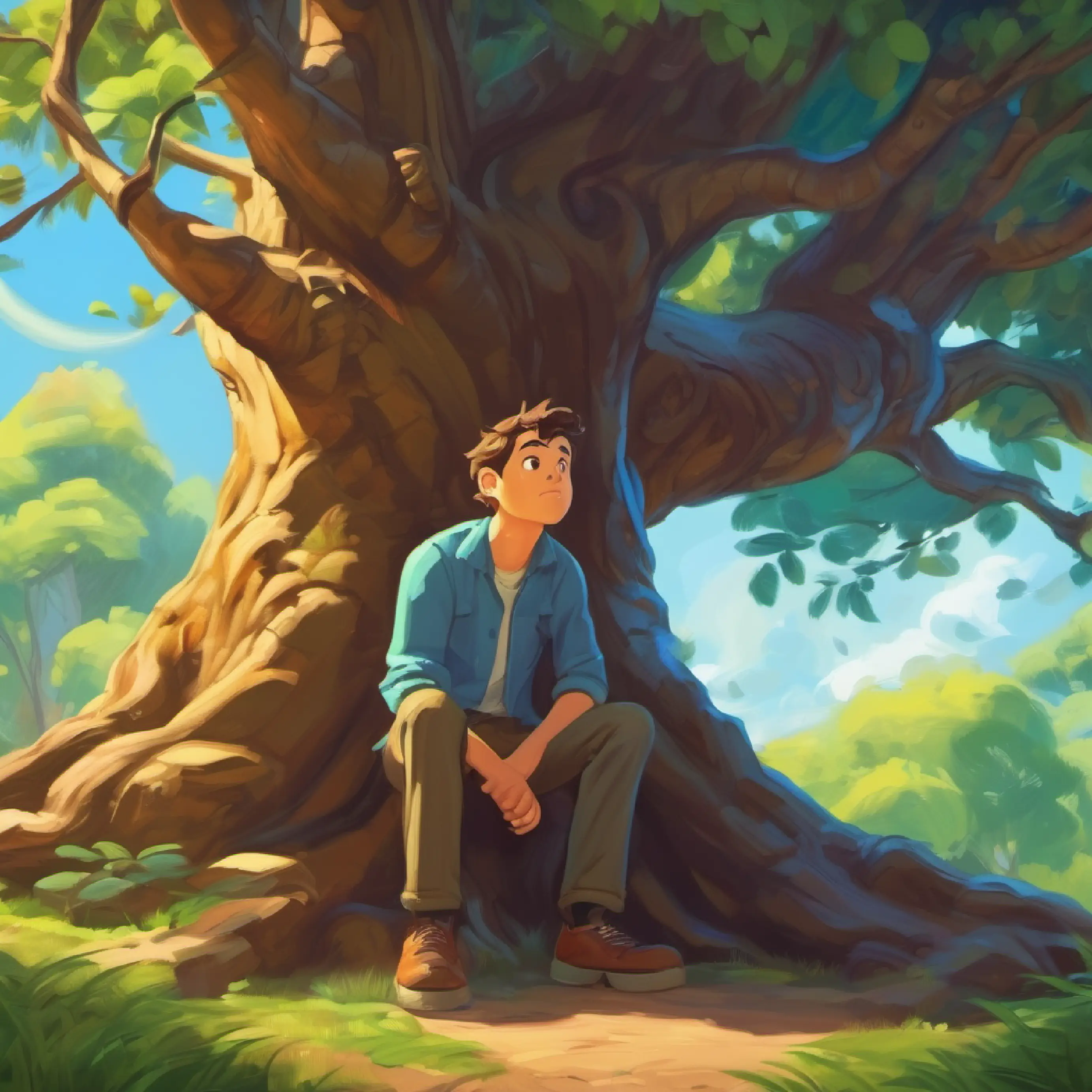 Jimmy thinking of a solution, realizing he can't climb the tree.