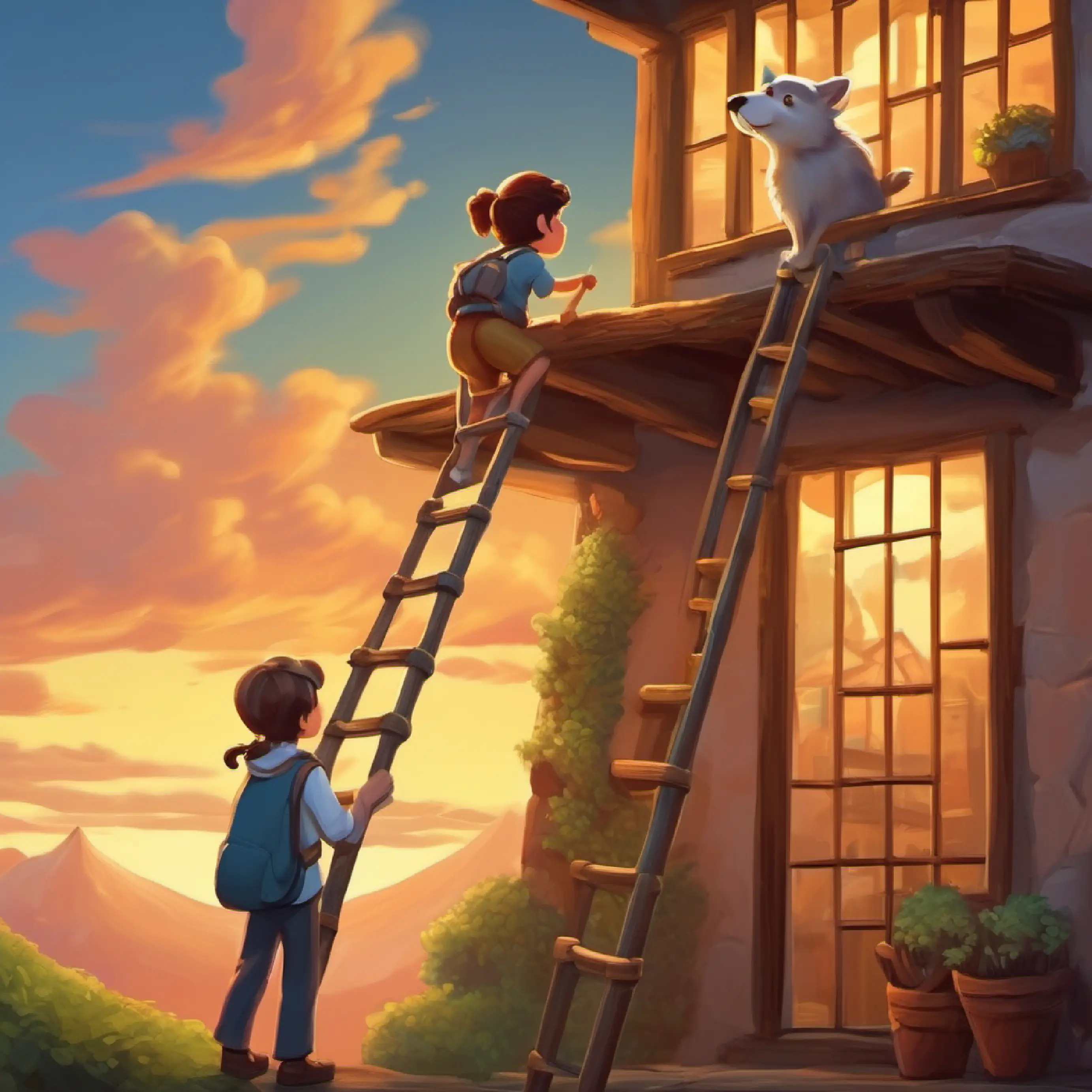 Working together, Jimmy and Sparky set the ladder up.