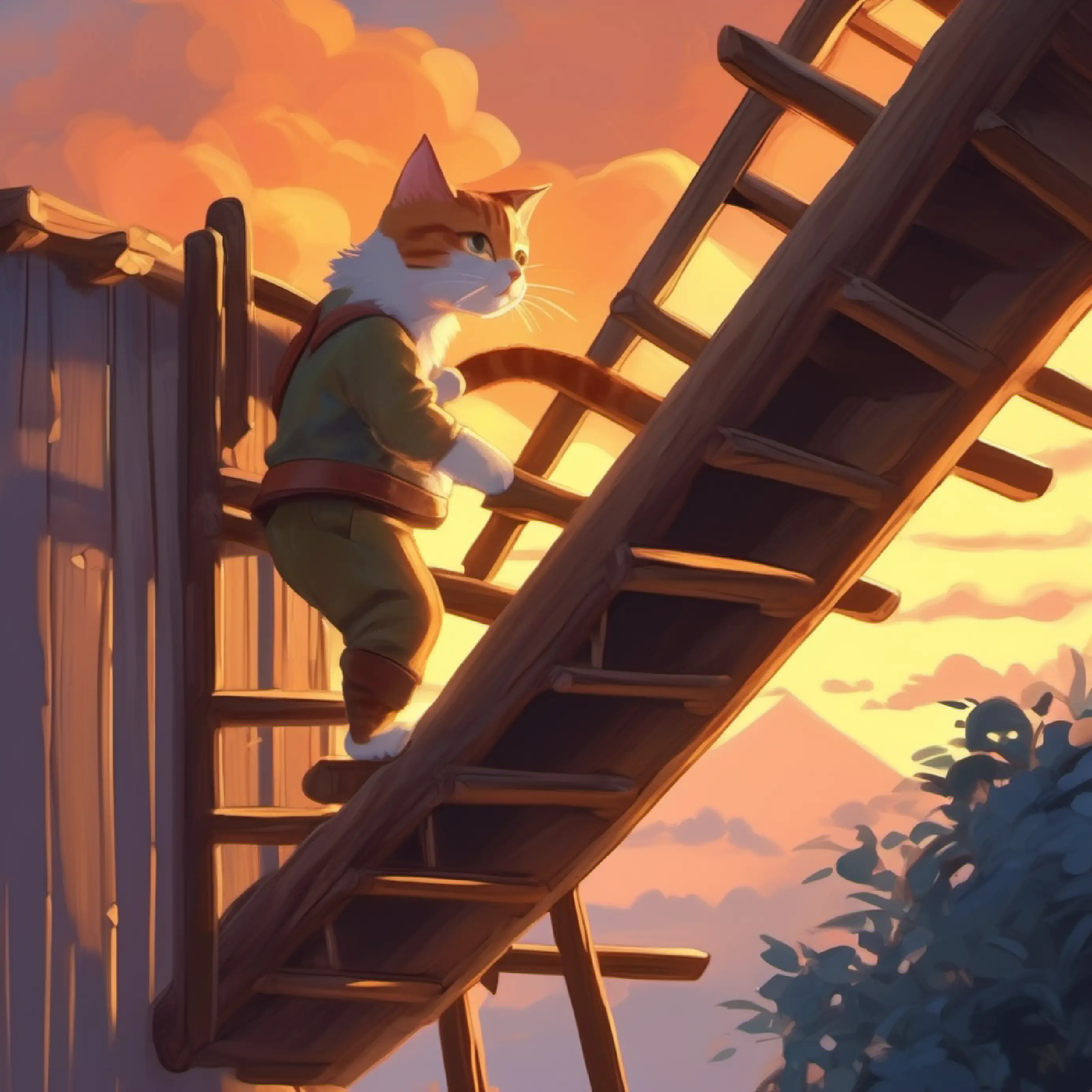 Jimmy climbs up the ladder to rescue the cat.