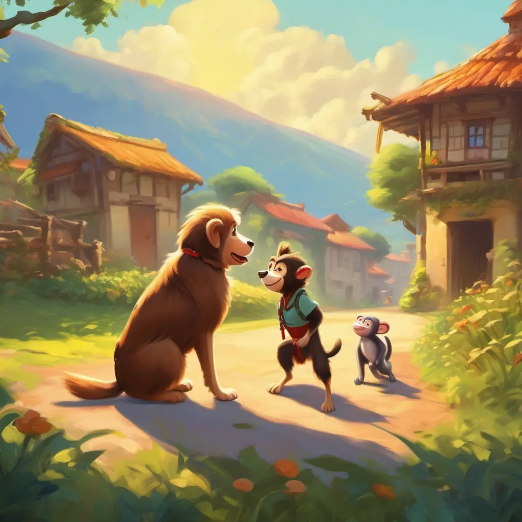 First meeting, sunny village, cheerful dog, and a jovial monkey