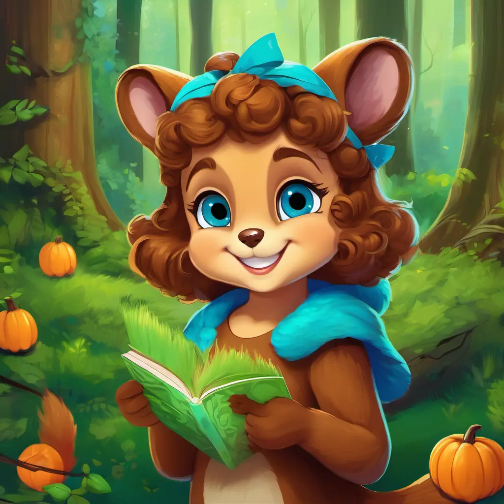 In the forest, She has bright blue eyes, curly brown hair, and a joyful smile encounters a timid squirrel named The squirrel has soft green fur and big round eyes. The squirrel has soft green fur and big round eyes has soft green fur and big round eyes. She has bright blue eyes, curly brown hair, and a joyful smile extends her hand in friendship and The squirrel has soft green fur and big round eyes agrees.