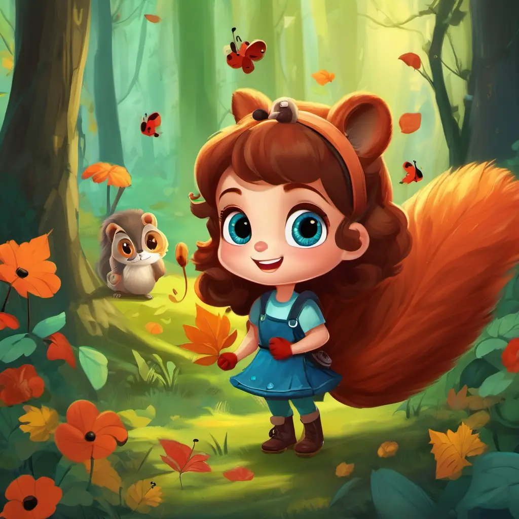 She has bright blue eyes, curly brown hair, and a joyful smile and The squirrel has soft green fur and big round eyes become close friends and enjoy various activities together in the forest. One day, they hear a cry for help and come across a stranded ladybug named The ladybug has striking red wings and a black spotted body.