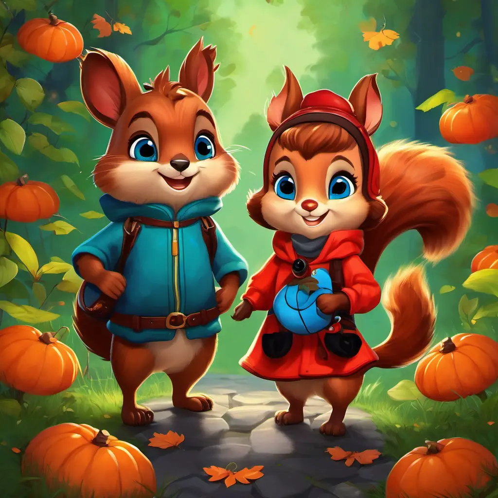 The trio, She has bright blue eyes, curly brown hair, and a joyful smile, The squirrel has soft green fur and big round eyes, and The ladybug has striking red wings and a black spotted body, become inseparable friends and enjoy countless adventures, learning about friendship's significance.