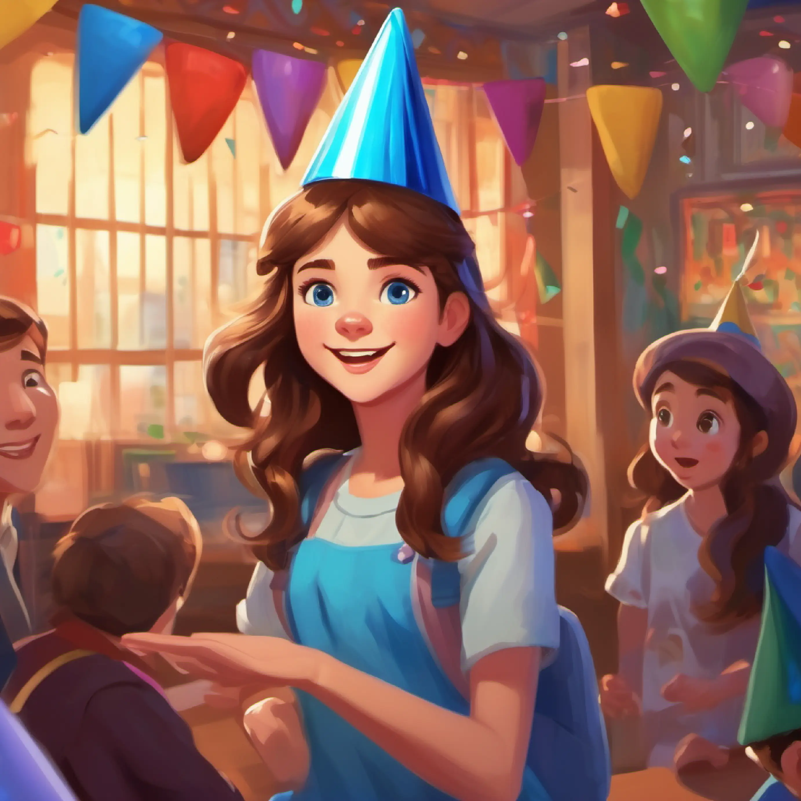 Introduction to Girl with brown hair, blue eyes, wearing a party hat and her excitement, indoors.