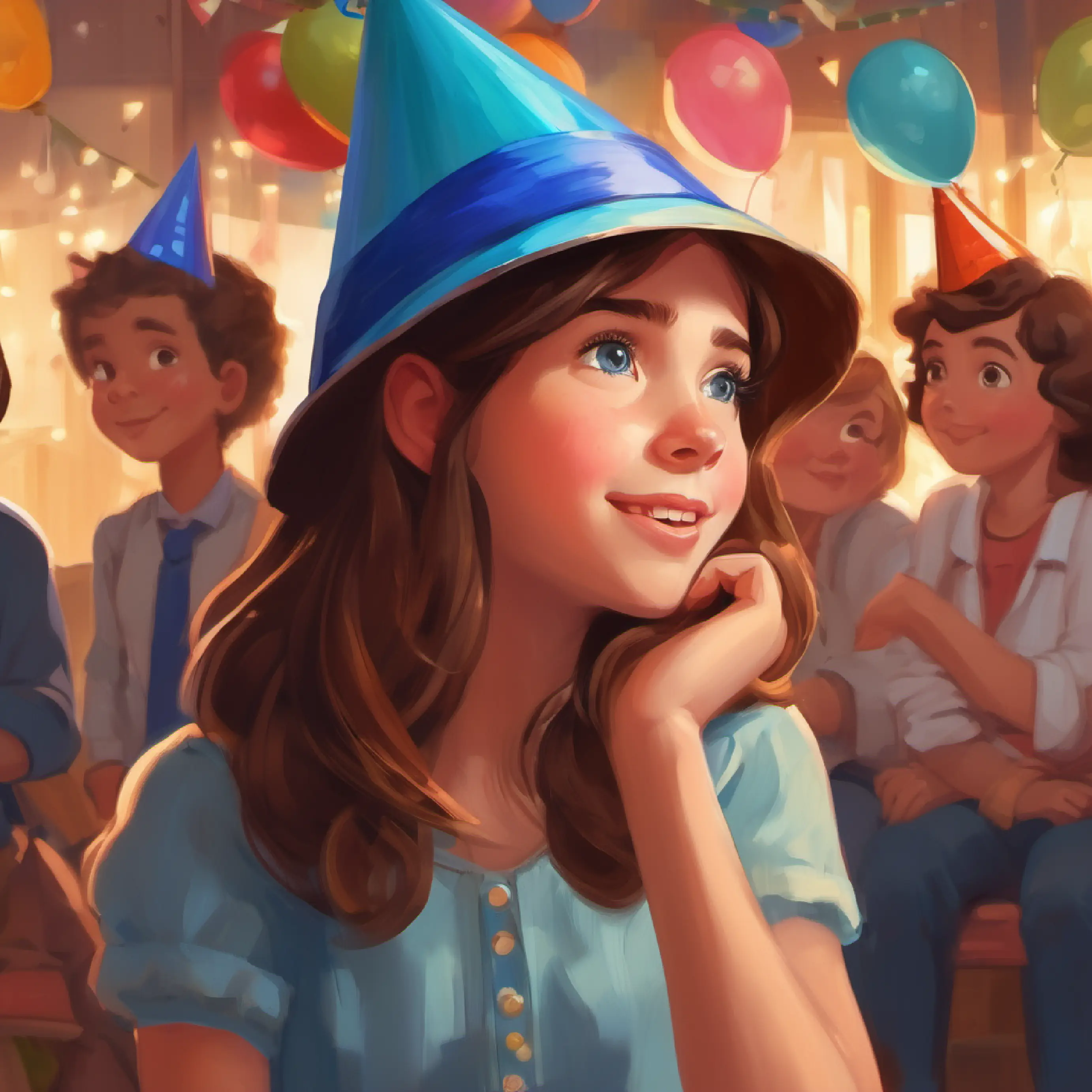 Girl with brown hair, blue eyes, wearing a party hat invites her eight friends, indoors.