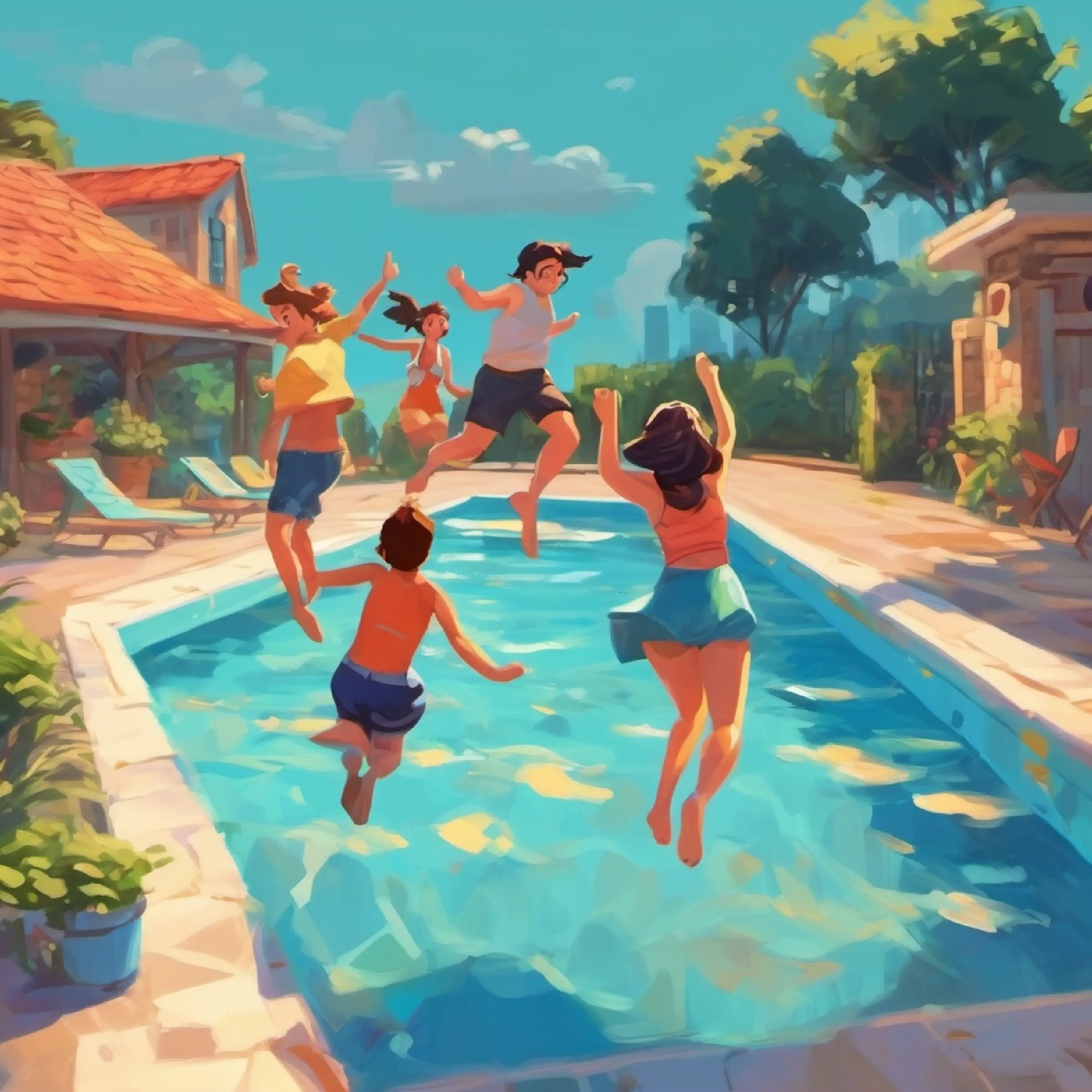 Friends jumping into the pool.