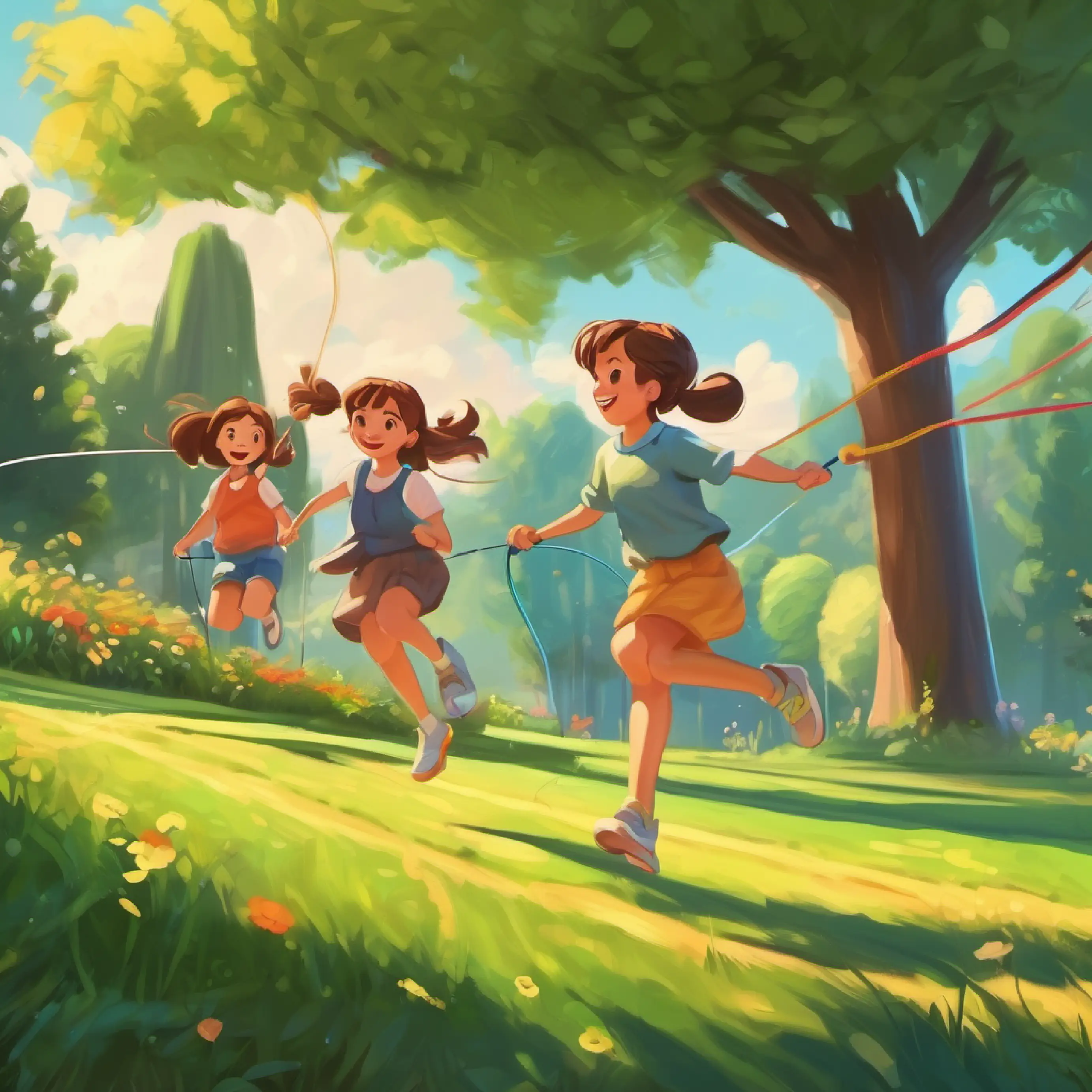 Jumping rope with friends on the lawn.