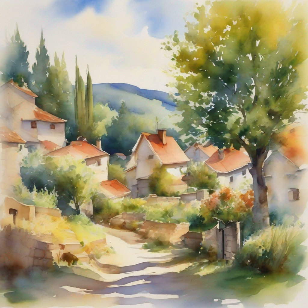 Village with houses and trees, sunny day