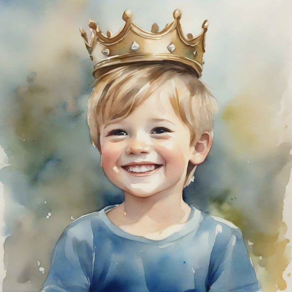 little boy with a crown, wearing blue clothes with mischievous smile, friends laughing