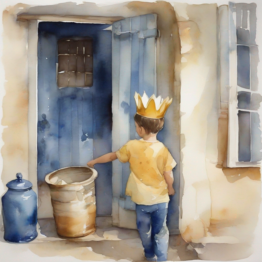 little boy with a crown, wearing blue clothes sneaking into a house, butter jar