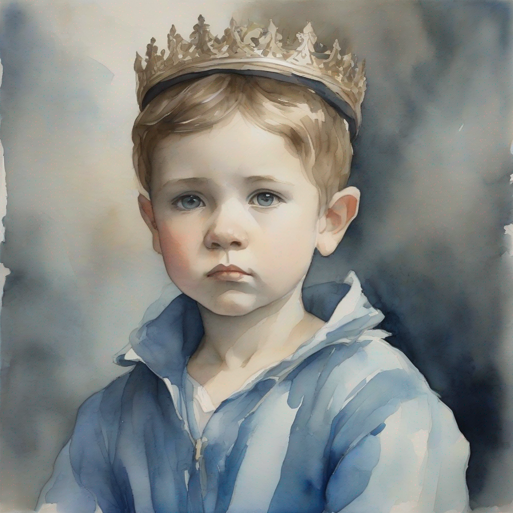 little boy with a crown, wearing blue clothes's mother frowning, looking determined