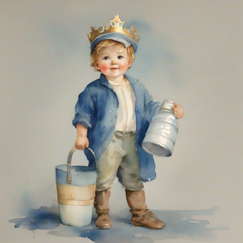 little boy with a crown, wearing blue clothes holding a bucket of milk, butter jar