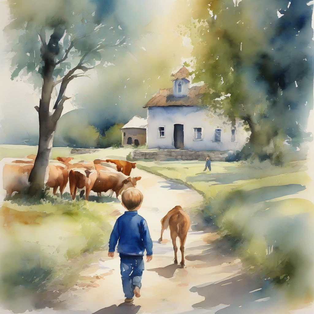 little boy with a crown, wearing blue clothes walking towards a farm with cows